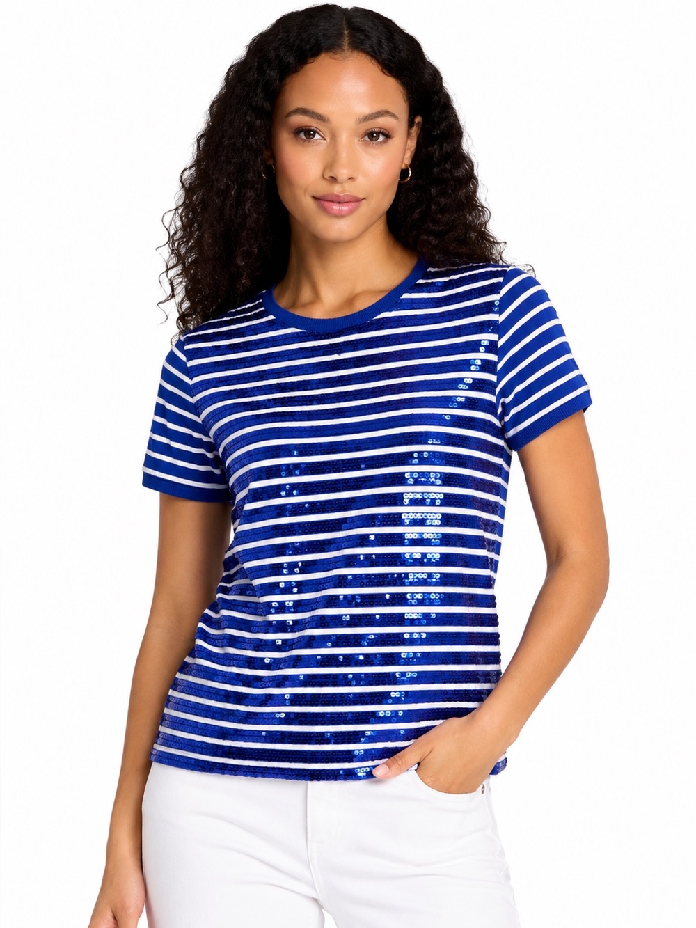 LAUREN RALPH LAUREN Blue White Striped Sequin Top Shirt S/P NWT